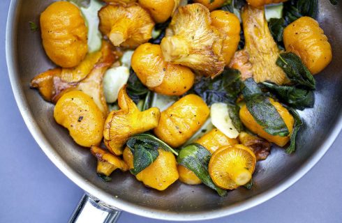 Glutenvrije pompoen Gnocchi met wilde paddestoelen en spicy hazelnoten