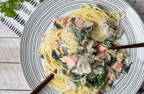 Simpele en heerlijke pasta zalm en spinazie
